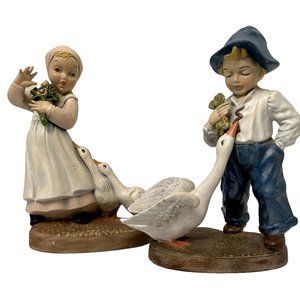 Dutch Girl & Boy Figurine Goose/Geese Vintage Holland Mold '78 Ceramic 9" Tall